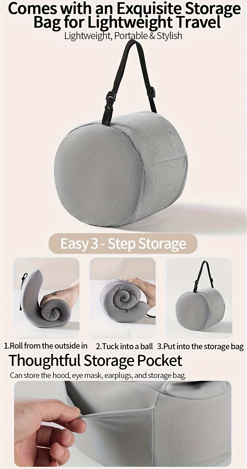 Travel pillow - U-shaped neck pillow with hood. This travel neck pillow is suitable for aircraft neck pillows, providing comfortable and lightweight support for the adult head and neck. It comes with a storage bag.