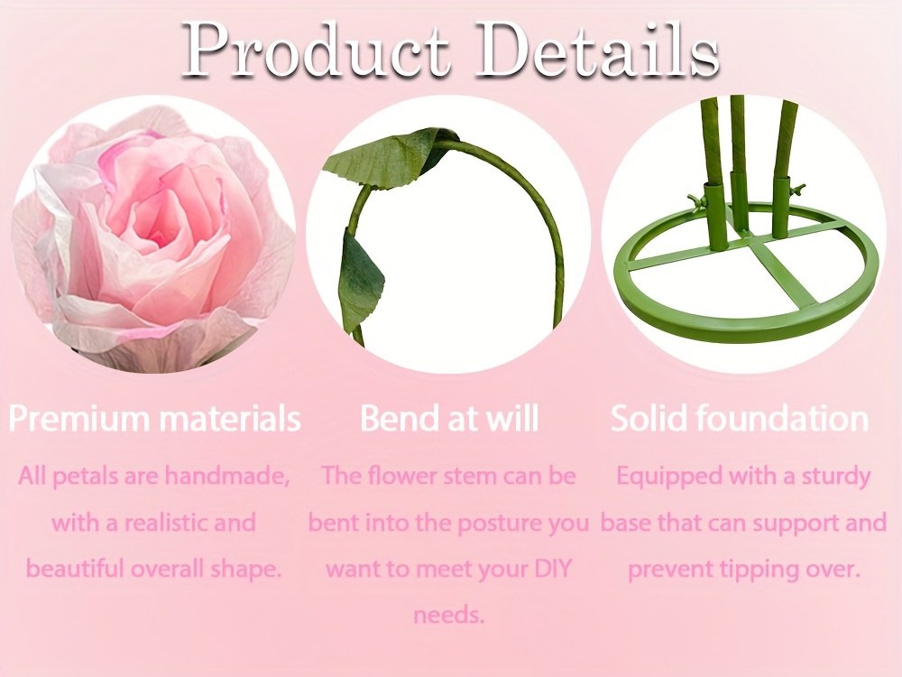 6.3ft Large Artificial Roses Flowers Decorations - Giant Fake Flower Decor with Stand, 3 Realistic Big Simulation Flowers for Wedding Arch Backdrop, Garden, Courtyard, Home, Living Room, Birthday Party, Graduation, Shop Window Display Decorations