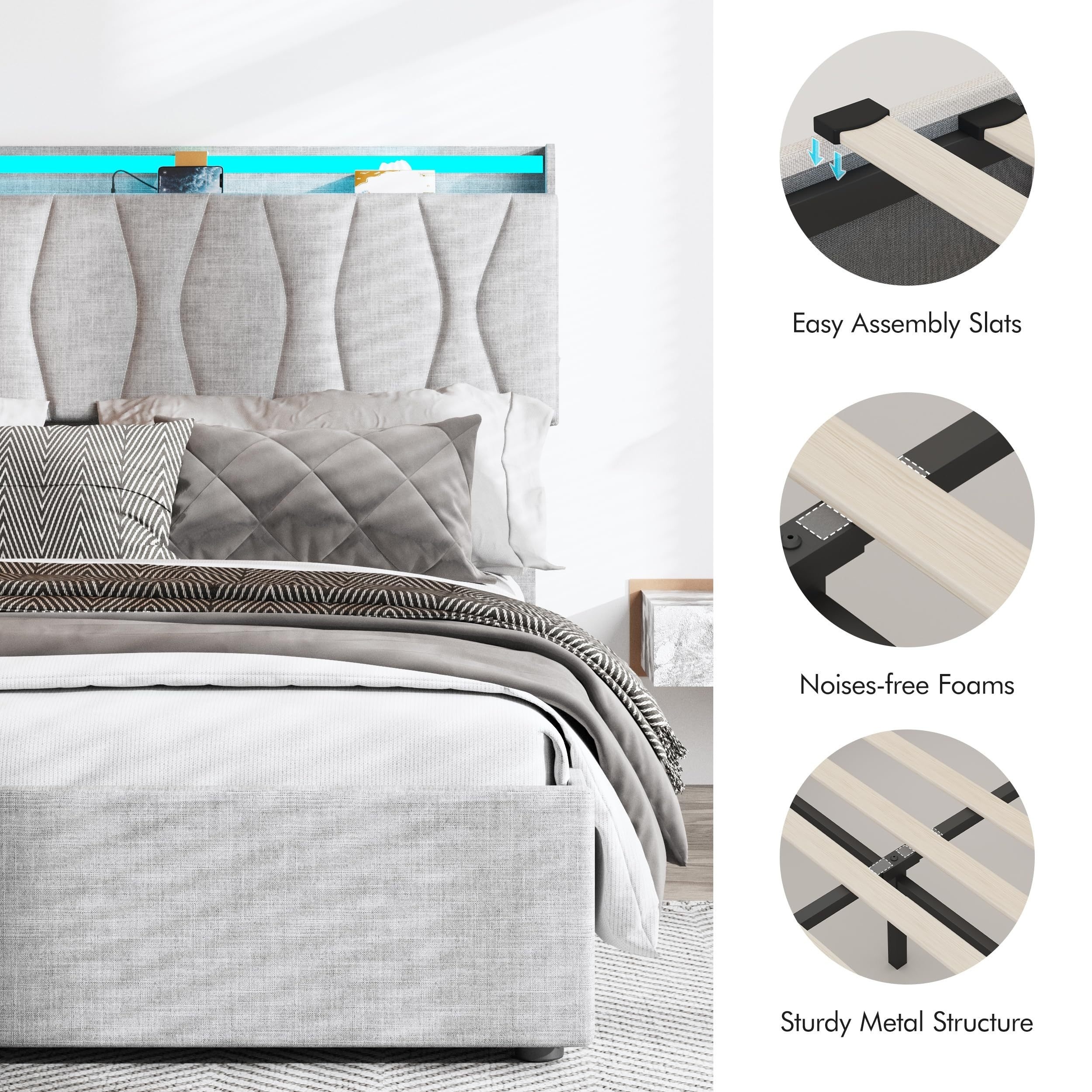 Modern Storage Bed Frame with Adjustable Height Headboard & Hydraulic Lift - /Outlet Charging Station, Built-In LED, Noise-Free Mechanism, Under-Bed Storage System, Space-Saving Design, Hardwood/Metal Construction, Easy Assembly (Compatible with Smart Home Systems) - Ideal for Bedrooms & Contemporary Decor, Queen Bed Frame With Storage, King Size Bed Frame, Bed Frame Full Size