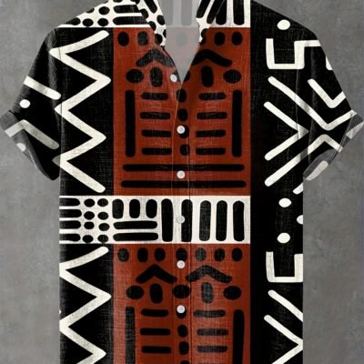[Men’s Retro Shirt] Men’s Retro Shirt – Black/Red/White Geometric Pattern Button-Up – Stand-Up Collar Non-Stretch Fabric – Formal & Casual Casual Attire – Machine Washable All-Season Shirt for Men, Versatile Clothing, Bold Print, Durable Construction, Short Sleeve Top, Fashion Enthusiasts