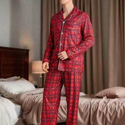 2pcs Men’s Pajama Set – Red & Black Plaid Pajamas with White Piping Trim, Soft Collar & Button-Front Pajamas – All-Season Sleepwear, Machine Washable 2pcs Outfit for Bed (Matching Pajamas for Men)