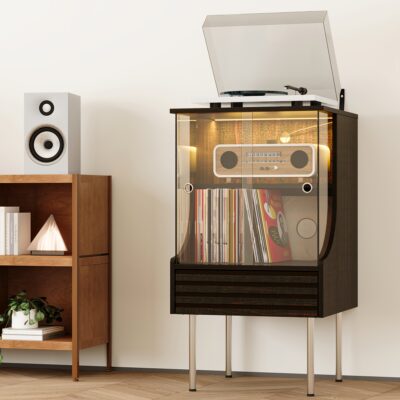 Modern Record Cabinet & Side Table - Freestanding Storage with Sliding Door, Wavy Drawer & 2 Shelves - Space-Saving Design for Living Room, Bedroom, Home Office - Sturdy Hardwood Construction - No Assembly Required - Ideal for Vinyl Records, Decor, Books - Compact Furniture for Small Spaces, Contemporary Decor, Durable Build, Multifunctional Piece, Apartment Dwellers