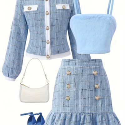 Spring and Autumn Girls’ Fashionable New Style/Elegant Sweet Minimalist Artistic Design Long Sleeve Button-Decorated Round Neck Top with Matching Solid Color Pleated Skirt and Spaghetti Strap Set/Comfortable Three-Piece Outfit for Daily Wear, Travel, Parties/Perfect Gift for Friends and Family, Perfect for Outdoor