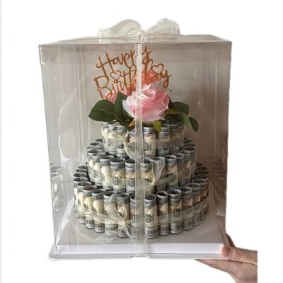 DIY 3-Tier Cash Cake Gift Box/Transparent Plastic with Golden Ribbon & Floral Design/Fun Birthday Present for Her/Includes Gift Tag/Perfect for Special Occasions/Birthday Gift Box/Celebration Accessory/Elegant Presentation/Decorative Ribbon Accent