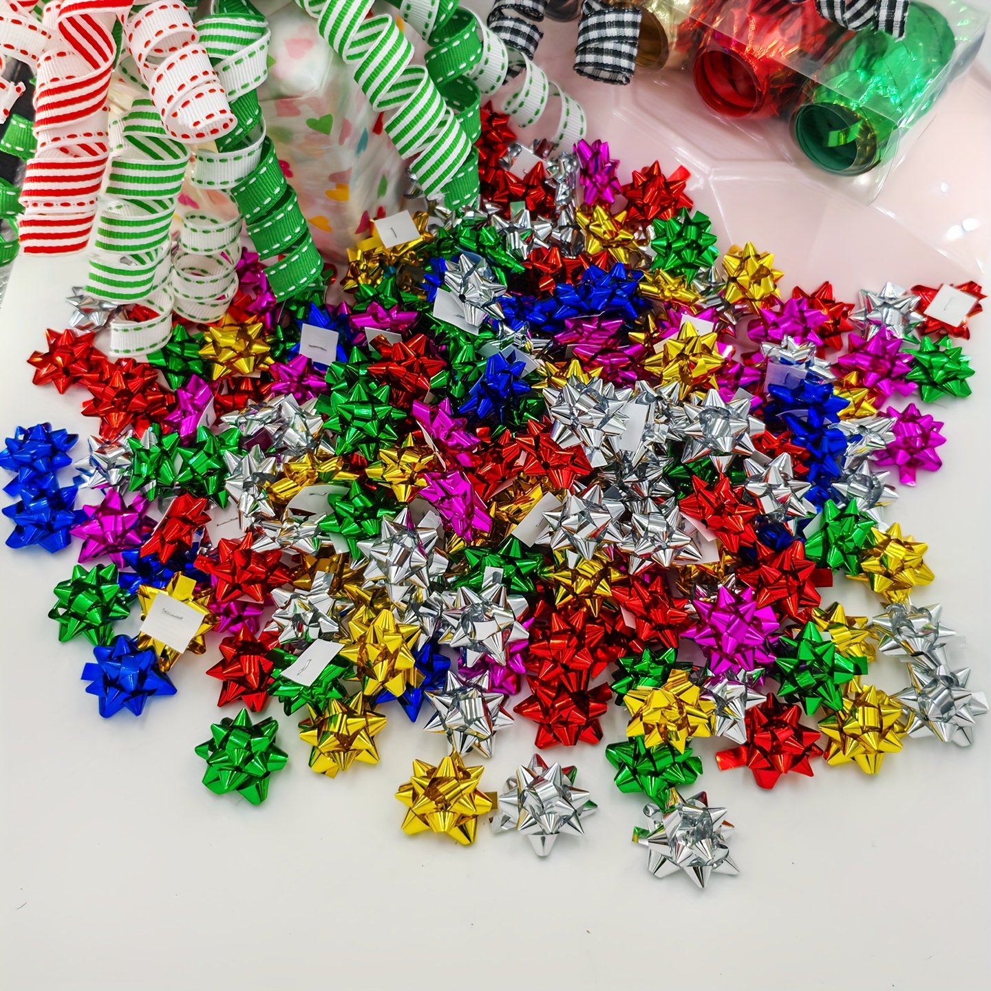 50pcs Mini Christmas Star Bows - Golden, Silvery, Red, Green, Blue, Magenta | Metallic Finish Self-Adhesive Decor for Xmas Tree, Home Decor, Wreath Decor, Festive Decor & Gift Wrapping - Image 6