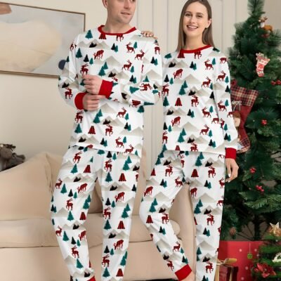 New Christmas Round Neck Long Sleeve Pants Christmas Tree Deer Print Men’S Pajamas Home Clothes Two-Piece Set Autumn and Winter Christmas New Parent- Set Pajamas White Print Full Flower Fashion Home Suit, Christma Pj Men, Christmas Pajama For Couple, Christmas Pajama For Family, Men Pajama, Men Pajama Set