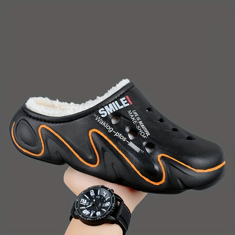 Men's Winter Clogs with Fleece Lining - Warm, High Quality, Non-Slip EVA Sole, Black & Orange Design, Indoor/Outdoor Use, Large Size Options, Indoor Footwear | Casual Slipon | Durable Traction Footwear - Image 4