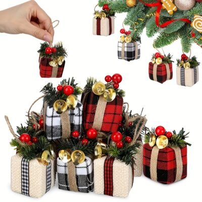 12pcs Christmas Tree Topper Decorations – Mini Gift Boxes with Bells & Berries, Plaid Style, Indoor/Outdoor Use, Polyester, No Electricity Needed, Perfect for Holiday Parties, Christmas Decorations, Best For Christmas