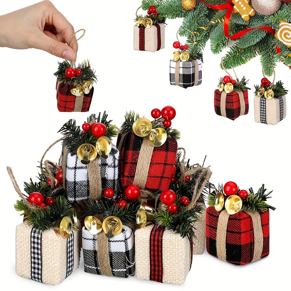 12pcs Christmas Tree Topper Decorations - Mini Gift Boxes with Bells & Berries, Plaid Style, Indoor/Outdoor Use, Polyester, No Electricity Needed, Perfect for Holiday Parties, Christmas Decorations, Best For Christmas