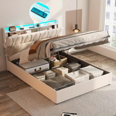 Modern Storage Bed Frame with Adjustable Height Headboard & Hydraulic Lift - /Outlet Charging Station, Built-In LED, Noise-Free Mechanism, Under-Bed Storage System, Space-Saving Design, Hardwood/Metal Construction, Easy Assembly (Compatible with Smart Home Systems) - Ideal for Bedrooms & Contemporary Decor, Queen Bed Frame With Storage, King Size Bed Frame, Bed Frame Full Size