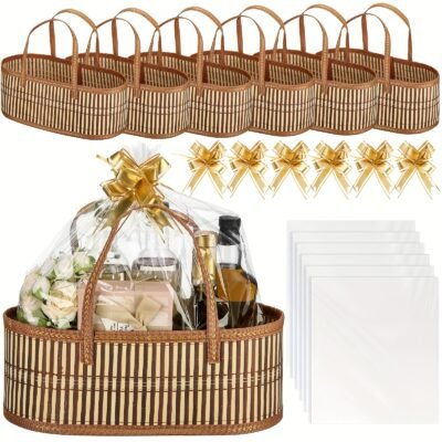 6 Pack Woven Baskets for Gifts Empty Large Bamboo Gift Baskets with Handle Cellophane Wrap Bag And Pull Flower Ribbon Sturdy Foldable Gift Packages for Birthday Wedding Favor Wrapping