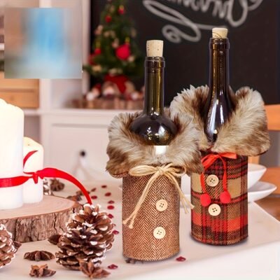 A Set of 2 Festive Wine Covers with Plush Collars, Perfect for Table Decoration, Holiday Party Attire for Wine s, Red Wine Covers, And a Gift Set for Wine That Enhances Dining Table Decor, Complete with Bow Decorations – Ideal fo