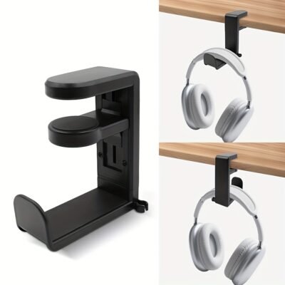 Adjustable Headphone Holder Stand with Clip Mount, ABS Material, No-Drill Installation, Modern Style Under-Desk Headset Bracket for Gaming Earphones