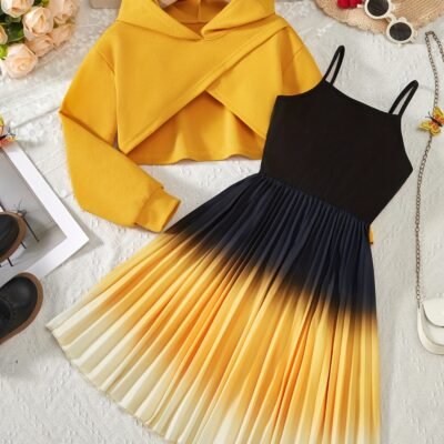 ‘ Fashion Retro Casual Style Autumn Hooded Long-Sleeve Sweatshirt with Gradient Pleated Dress 2pcs Set, Comfortable Knit Fabric Top for Spring and Fall, Perfect for Vacation, Travel, School, Parties, Casual Attire, Ideal Birthday or Christmas Gift, Durable Material!, Perfect for Outdoor, Dress For Girl, Girl Dress, Girl Clothes, Girl Outfit, Sportswear For Girl