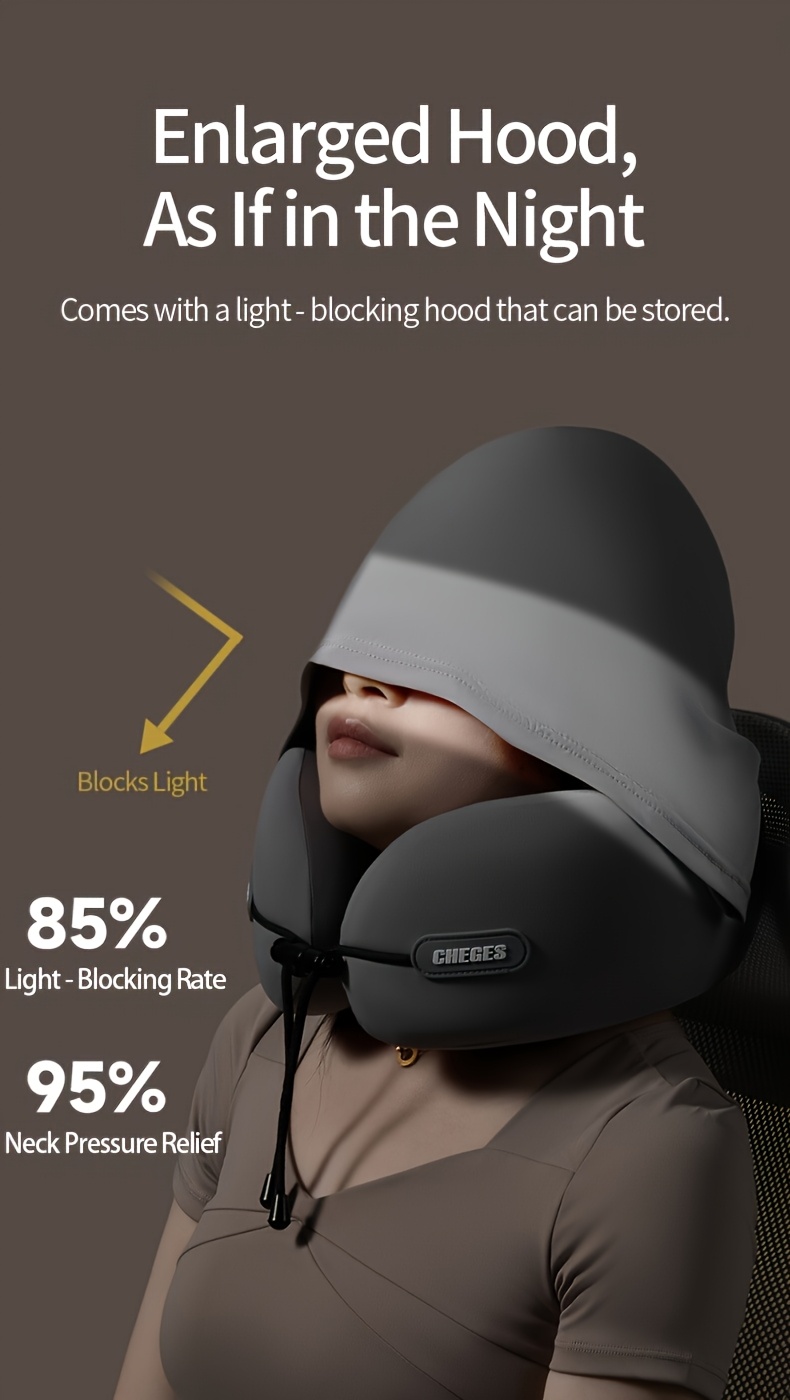 Travel pillow - U-shaped neck pillow with hood. This travel neck pillow is suitable for aircraft neck pillows, providing comfortable and lightweight support for the adult head and neck. It comes with a storage bag.