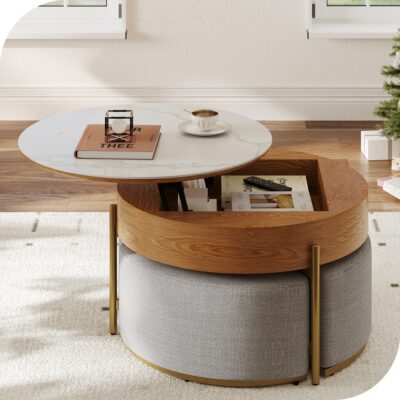 Phabules 32" Large Round Lift- Top Coffee Table with 3 Storage Stools & Marbling Pattern Slate, Elegant Teapoy for Living Room & Bedroom Decor, Walnut Color