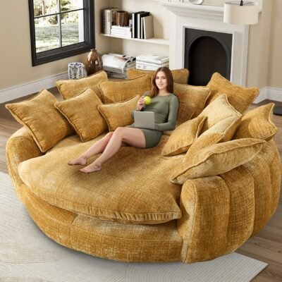 [Fluffy Lazy Bean Bag Sofa] Oversized 81.1″ W Round Chaise Lounge, Fluffy Lazy Bean Bag Sofa With 14 Pillows, Comfy Chenille Upholstered Barrel Sleeper Bed, Modern Deep Seat Cloud Couch For Living Room Apartment