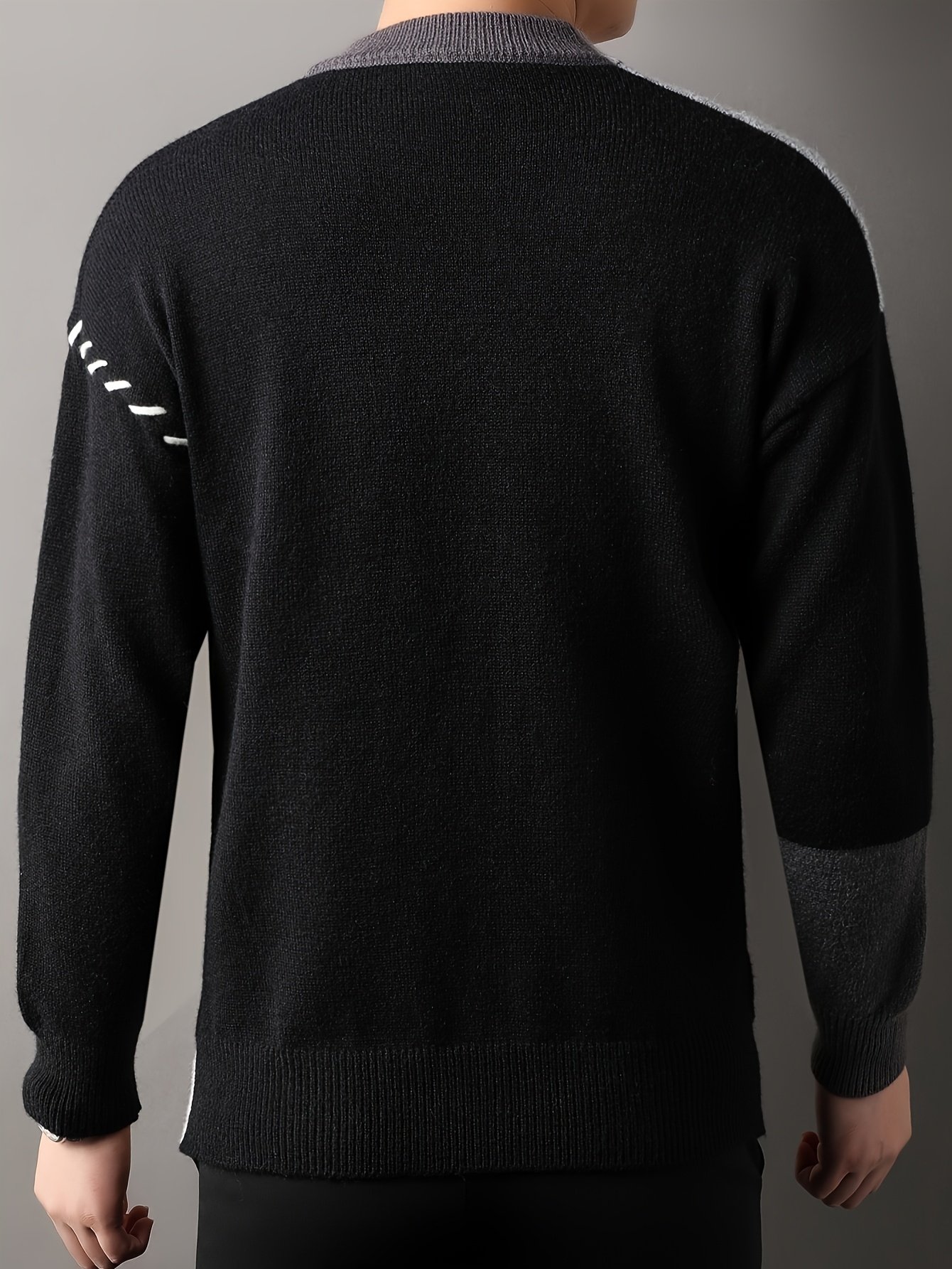 Men's Thick Warm Sweater - Soft Winter Knit Sweater with Black/White/Gray Color Block, Round Neck Pullover for Formal & Casual Outfits - Non-Transparent Cold Weather Sweater for Everyday & Special Events, Knit Sweater, Youth Fashion Top, Soft Comfortable Fabric, Seasonal Clothing, Stylish Knitwear, Durable Material, Adult Men