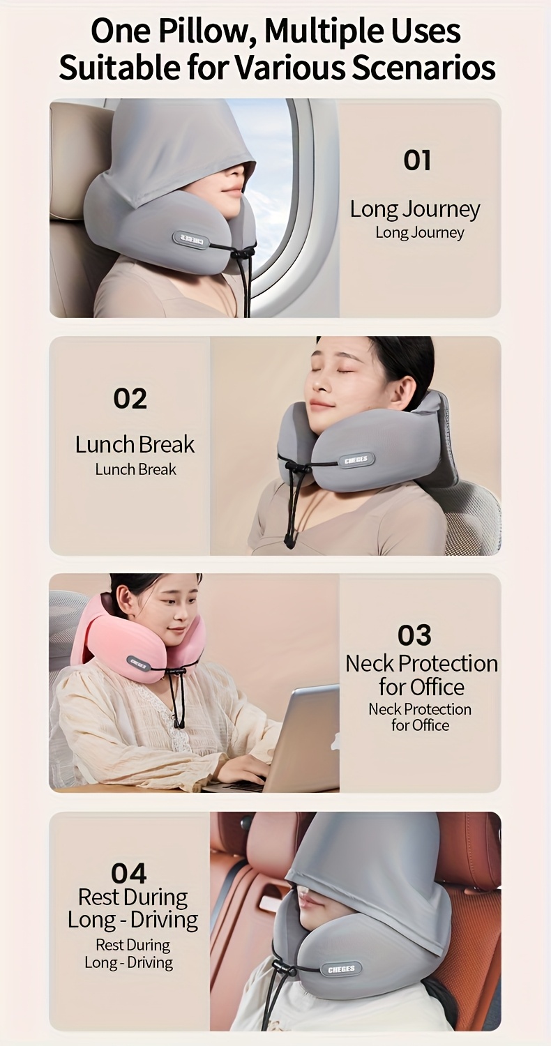 Travel pillow - U-shaped neck pillow with hood. This travel neck pillow is suitable for aircraft neck pillows, providing comfortable and lightweight support for the adult head and neck. It comes with a storage bag.