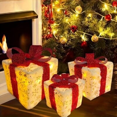 3pcs Plush Christmas Glowing Gift Box, Christmas Red Bow Gift Box, Christmas Party Gift Box with Golden Snowflakes, Suitable for Christmas Tree, Holiday Decoration, Home Decoration, Christmas Celebration Gifts, Collectible Buildings & Accessories, Best for Christmas, Christmas Light Gift Box, Christmas Decoration, Christmas Stuff Cheap, Christmas Village, Christmas Home Decoration