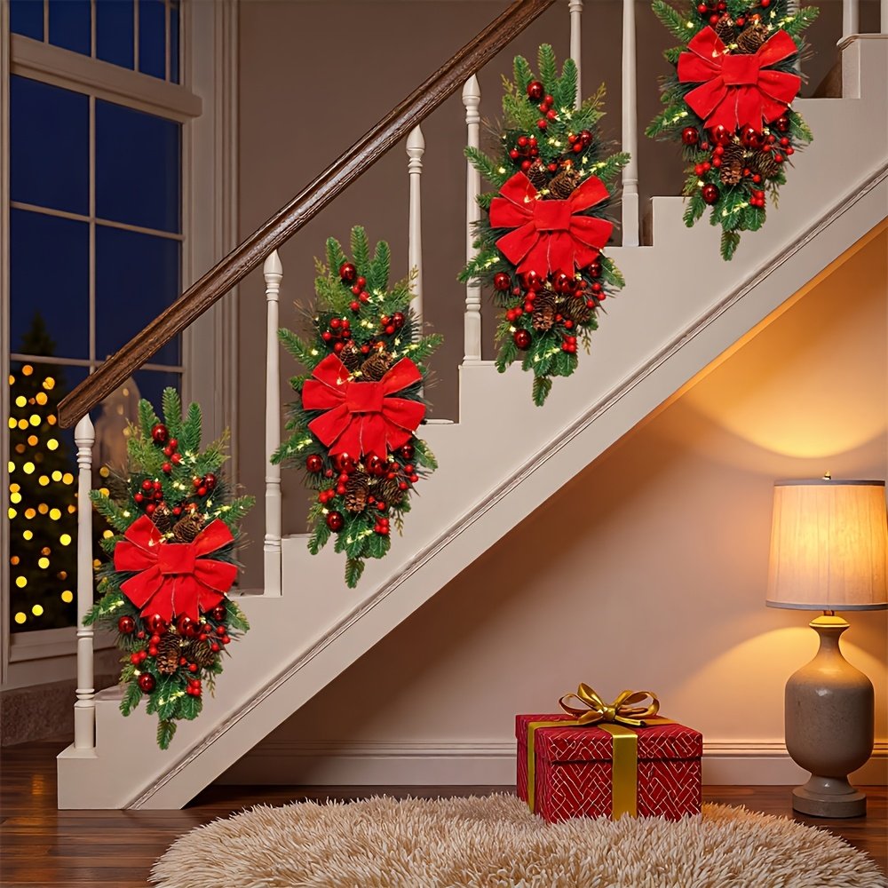 2-Pack 24-Inch Christmas Wreaths, Suitable for Doors, Stairs, Home Decor, Festive Christmas Wreaths (Red, Classic Style), Stair Hanging Wreaths, Christmas Ornaments