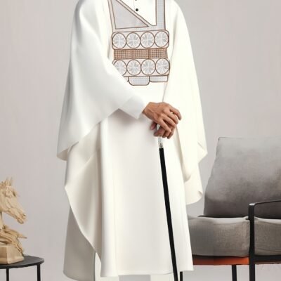 Men's Elegant Nigerian Agbada Traditional 3pcs Set - White & Golden/Black/Beige Geometric Pattern Dashiki with Embroidery, Loose-Fit Long Coat & Matching Pants, Machine Washable for Weddings, Parties, Cultural Events - African Formal Attire, Nigerian Clothes For Men, African Outfit For Men