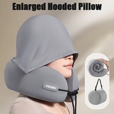 Car Hooded U-Shaped Neck Pillow, Adjustable Hooded U-Shaped Neck Pillow, Portable for Airplane Travel, Ice Sliky Fiber Fabric Slow Rebound U-Shaped Neck Pillow with Storage Bag