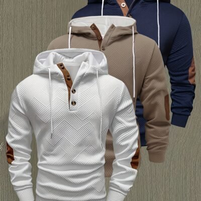 Men’s 3pcs Hooded Sweatshirt Set – Textured Micro-Elastic Fabric, Casual Button & Drawstring Hoodies with Chest Pocket & Contrast Collar – Spring/Fall Outdoor Wear (Navy/Beige/White) – Versatile Layering for Daily & Vacation – Hand Washable, Comfortable Everyday Sweatsuit Set, Modern Streetwear, Breathable Fabric, Durable Construction, Elastic Cuffs, Style