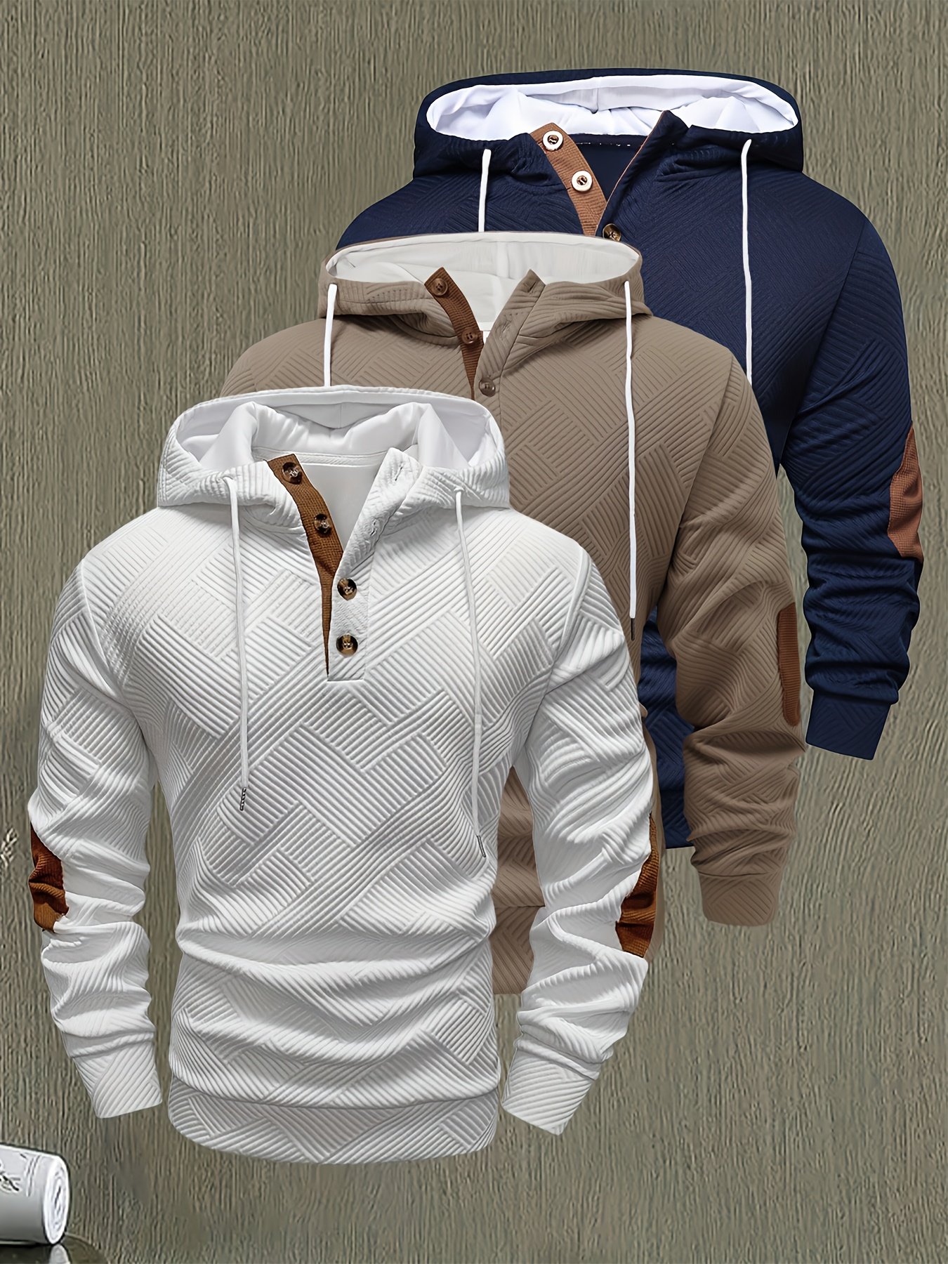 Men's 3pcs Hooded Sweatshirt Set - Textured Micro-Elastic Fabric, Casual Button & Drawstring Hoodies with Chest Pocket & Contrast Collar - Spring/Fall Outdoor Wear (Navy/Beige/White) - Versatile Layering for Daily & Vacation - Hand Washable, Comfortable Everyday Sweatsuit Set, Modern Streetwear, Breathable Fabric, Durable Construction, Elastic Cuffs, Style