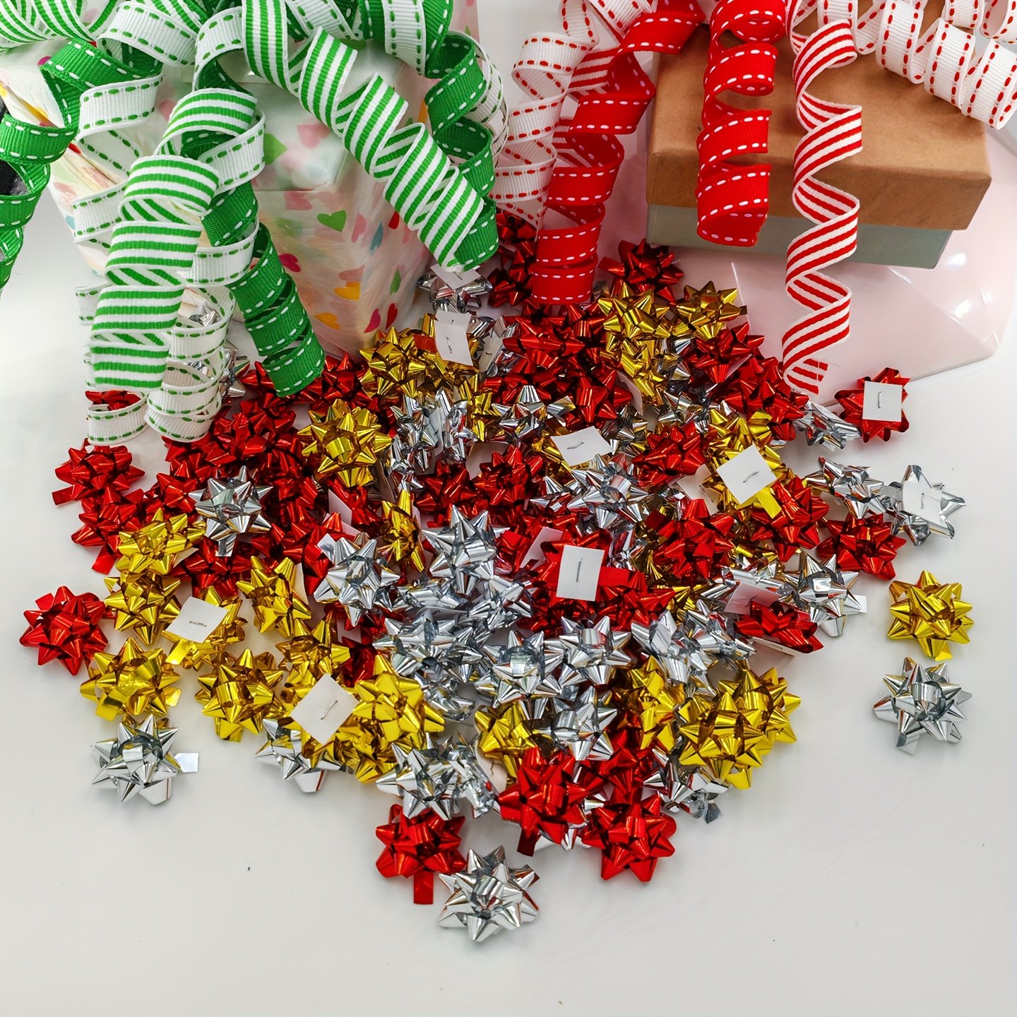 50pcs Mini Christmas Star Bows - Golden, Silvery, Red, Green, Blue, Magenta | Metallic Finish Self-Adhesive Decor for Xmas Tree, Home Decor, Wreath Decor, Festive Decor & Gift Wrapping - Image 2