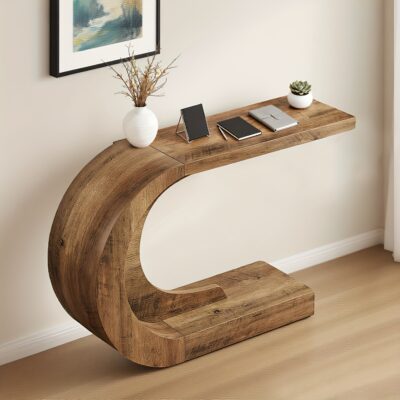 Mid-Century Modern Console Table For Entryway, Wood C-Shaped Hallway Entry Accent Table For Living Room, Entrance, Foyer, Easy Assembly, Brown