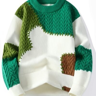 [Korean Cable Knit Sweater] Korean-Inspired Men’s Color-Block Cable Knit Sweater | Thickened Warm Winter Pullover with Round Neck & Ribbed Cuffs | Casual Fall & Winter Knitwear, Quality Fabric Construction