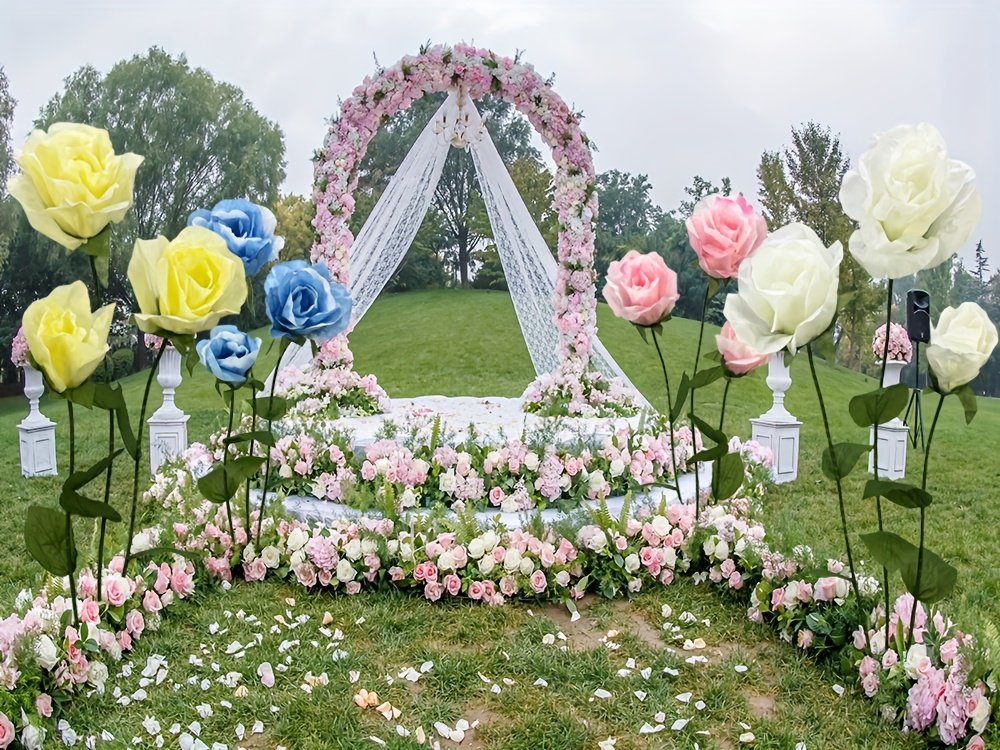 6.3ft Large Artificial Roses Flowers Decorations - Giant Fake Flower Decor with Stand, 3 Realistic Big Simulation Flowers for Wedding Arch Backdrop, Garden, Courtyard, Home, Living Room, Birthday Party, Graduation, Shop Window Display Decorations