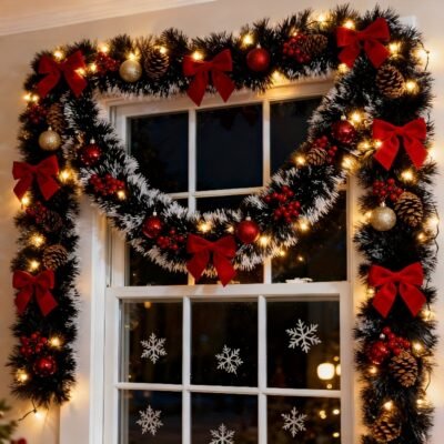 8m Realistic Christmas Decoration Garland with Dark Snow Tips and Red Bows, Ideal for Holiday Parties, Home, Restaurant, Fireplace & Outdoor Festive Decorations, Perfect Farmhouse Style Plastic Floral Arrangement, Christmas Tree, Fireplace Decor