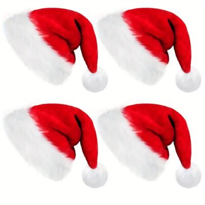 4pcs Festive Santa Hats – Red & Plush Christmas Party Hats with Fluffy Pom-Poms, Perfect for Holiday Celebrations, Adult Holiday Accessories, Christmas Party Decorations, Christmas Hat, Funny Hat Christmas, New Year