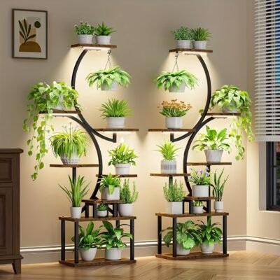 Multi-Level Illuminated Plant Stand: Modern American Home Fashion Indoor Gardening Solution – Displays 8+ Plants, Warm Lighting & Space-Saving Design – Plant Representative for Indoor Plants