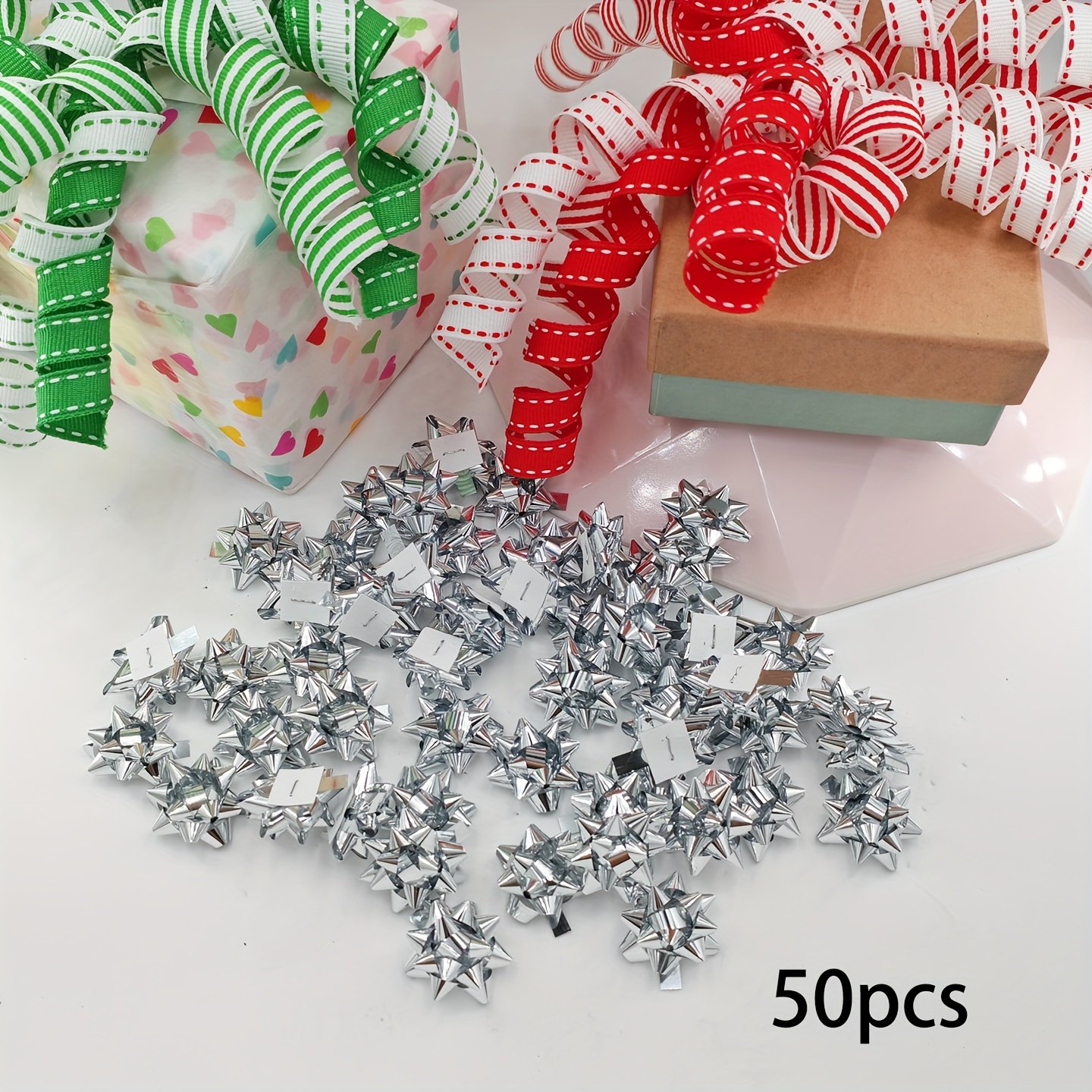 50pcs Mini Christmas Star Bows - Golden, Silvery, Red, Green, Blue, Magenta | Metallic Finish Self-Adhesive Decor for Xmas Tree, Home Decor, Wreath Decor, Festive Decor & Gift Wrapping - Image 5