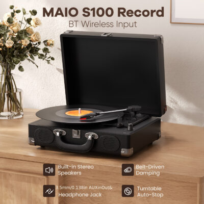 Maio S100 Vintage Turntable Record Player with Built-in Stereo Speaker & Belt-Driven Turntable - 3-Speed (33/45/78 RPM), AUX/Headphone Outputs, Compact Design - for Home, Parties, Gifts - Compatible with 7/10/12" Records - Ideal for Beginners & Vinyl Enthusiasts