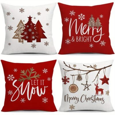 Merry Christmas Snowflake Red Reindeer Star Red Pine Tree Decorative Pillow Covers 4pcs Set Suitable for Family Gatherings Living Room Chair Sofa Decoration