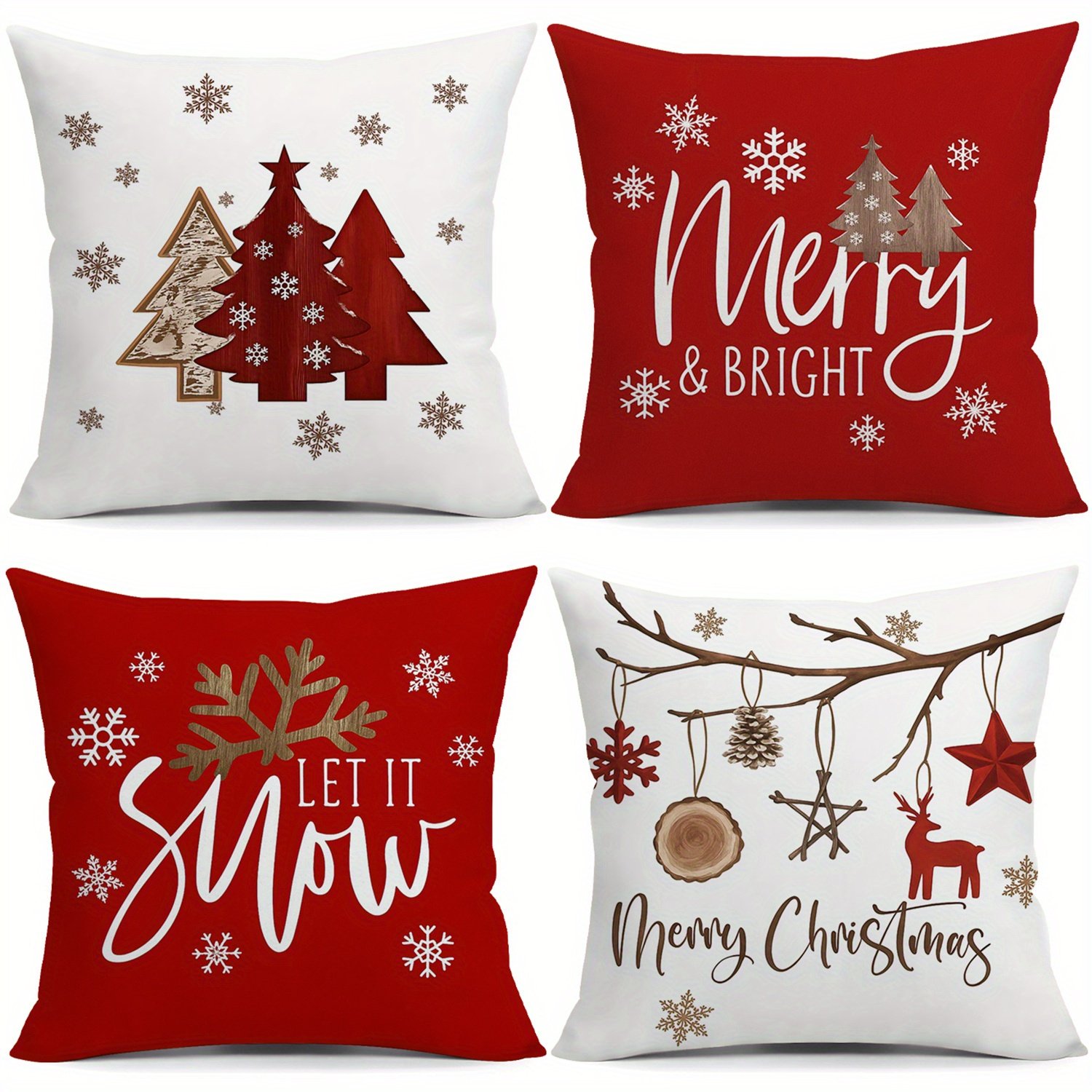 Merry Christmas Snowflake Red Reindeer Star Red Pine Tree Decorative Pillow Covers 4pcs Set Suitable for Family Gatherings Living Room Chair Sofa Decoration
