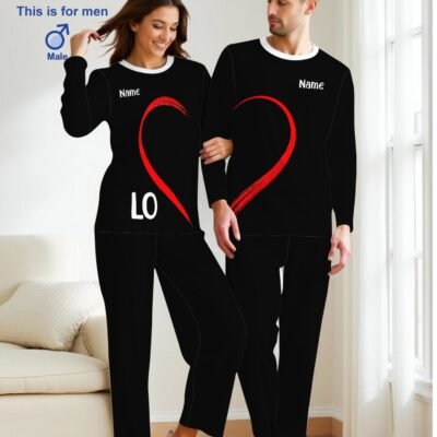 MEN/WOMEN] Couple’s Pajama Set, Long Sleeve & Leggings Loungewear, Customized Round Neck T-Shirt + Elastic Waistband Joggers, Valentine’s Day Gift with Heart Pattern for Men or Women