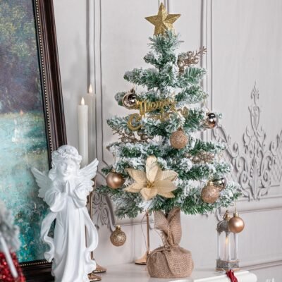 23.62inch Artificial Flocked Christmas Tree with Golden Ornaments, Star Topper & White Garland – Pre-Decorated Full Tree with Flocked Branches, Plastic Base for / Holiday Tabletop, Corner, Mantel – Easy Setup (No)