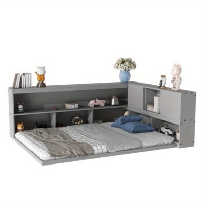 Anwick Full Floor Bed with L-shaped Bookcases, sliding doors, without slats