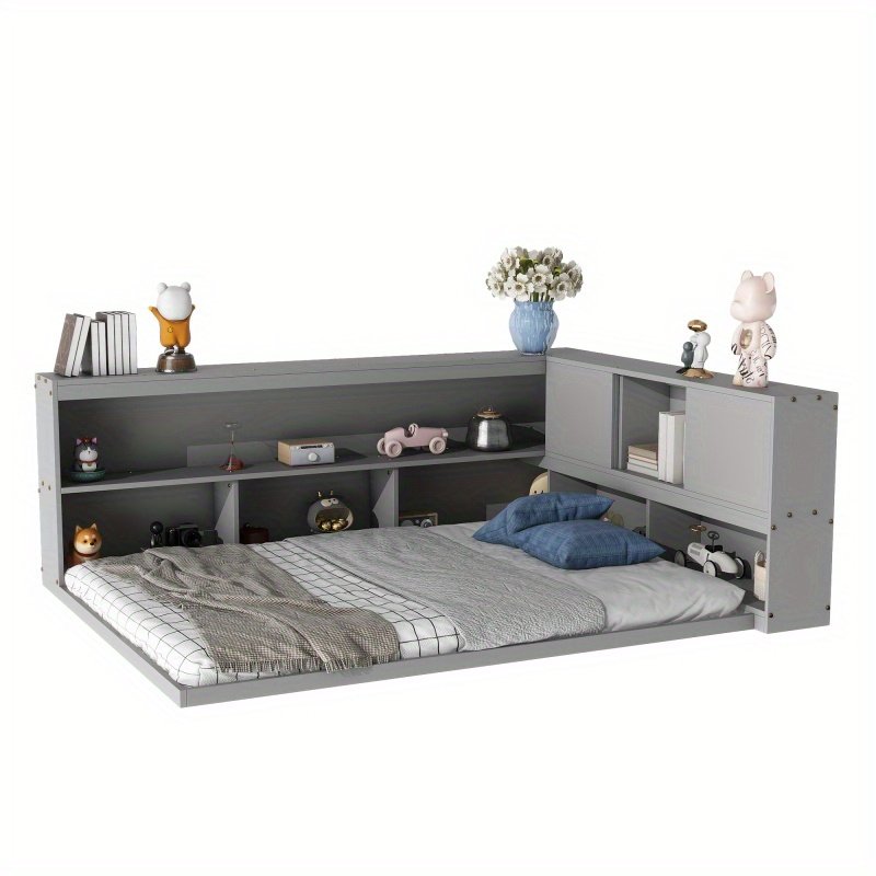 Anwick Full Floor Bed with L-shaped Bookcases, sliding doors, without slats