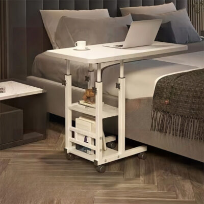 [Portable Bedside Table] Portable & Space-Saving Adjustable Height White Bedside Table | Foldable with Metal Frame, Wooden Desk, Includes Storage Shelves, Perfect for Home Office or Bedroom, Bedroom Nightstand
