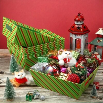 12 Sturdy Cardboard Christmas Gift Boxes with Lids – Red and Green Striped and Solid Color Trays with Snowflake, Reindeer, and Pine Tree Patterns, Rounded Corners and Flat Lid Design, Suitable for Party Decorations, Storage, Gift Wrapping – Durable