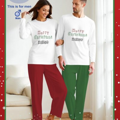 [MEN/WOMEN] Custom Pajama Set, Couple’s Long Sleeve & Pants Loungewear, Men’s or Women’s Pajama Set, Crew Neck T-Shirt + Elastic Waist Pants, Comfortable & Breathable, All-Season Wear, Christmas Gift with Merry Christmas Print