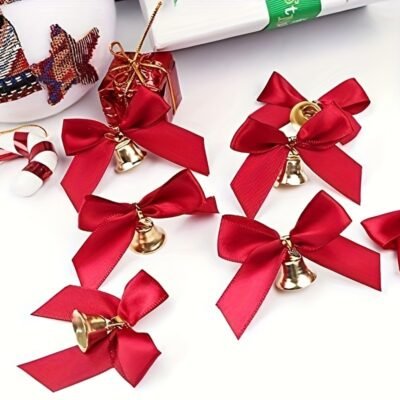 24pcs Red Satin Ribbon Bows with Bells – Mini Christmas and New Year Decorations, Perfect for Gift Wrapping, Shoes, Jewelry, and Holiday Party Accessories, Gift Ribbon, Ribbon For Craft, Ribbon, Christmas Wrapping Accessories, Christmas Craft Supplies, Christmas Bow