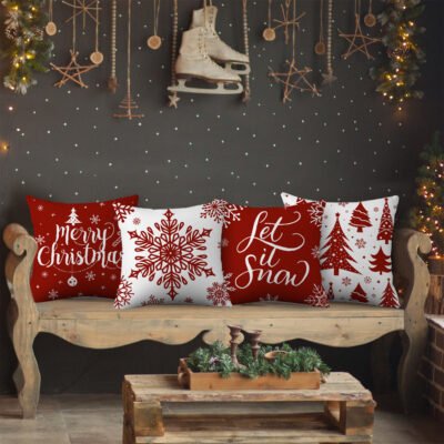 4pcs Christmas Throw Pillow Covers – Merry Christmas Christmas Tree Snowflake Christmas Ornament Designs, Zip Closure, Farmhouse Winter Holiday Decorative Cushion Case for Bedroom Sofa Couch