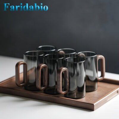 Faridabio 6pcs Set Blue Wooden Handle Perfect Glass Cup, Large Capacity Tea Water Cup for Home And Office Guests -12.85 Ounces – Tea And Coffee Cup, Leak Proof, Insulated, Perfect for Christmas, New Year, Valentine’S Day, And Birthday Gifts